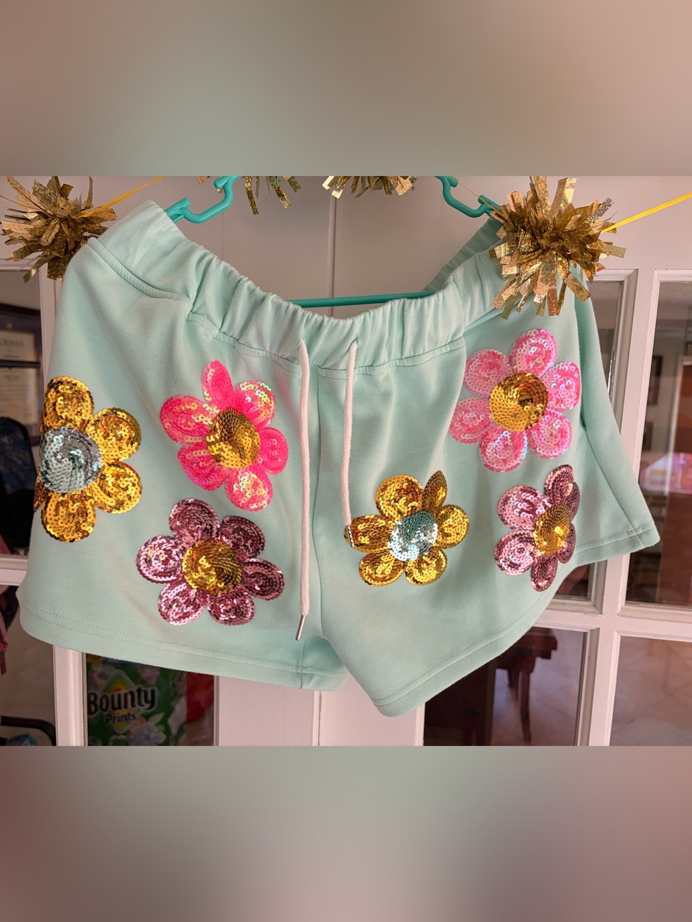 Simply Southern Mint Sequin Flower Athletic Shorts